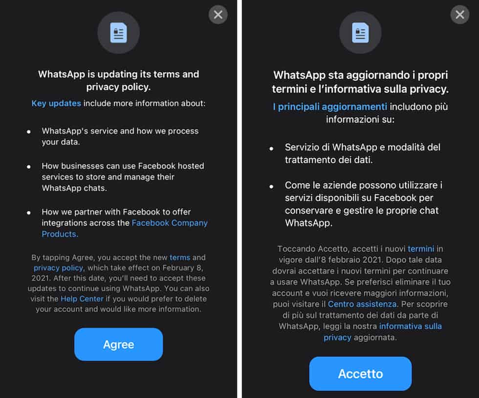 Nuove Policy Whatsapp 2021